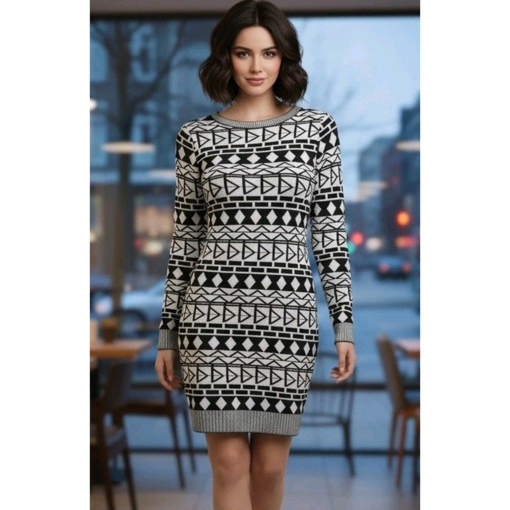 Fiancee Dress Black & White Aztec Long Sleeve Bodycon Boat Neck Artsy One Size